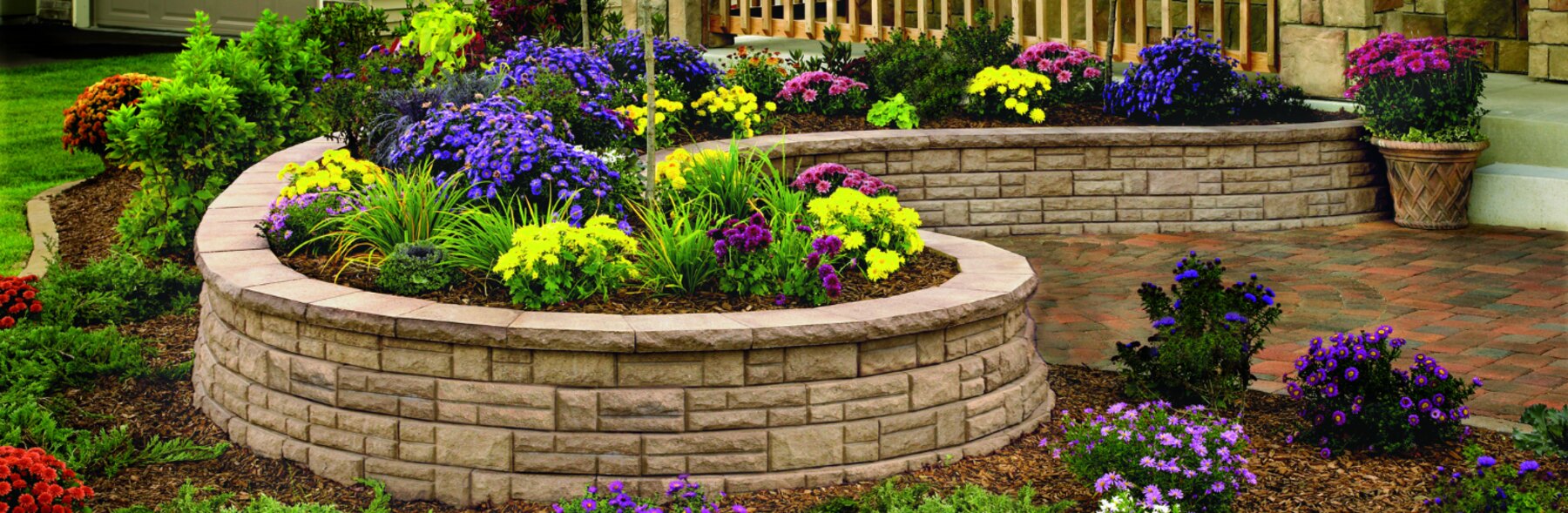 Curved segmental retaining wall with mums and landscaping wrapping a paver patio