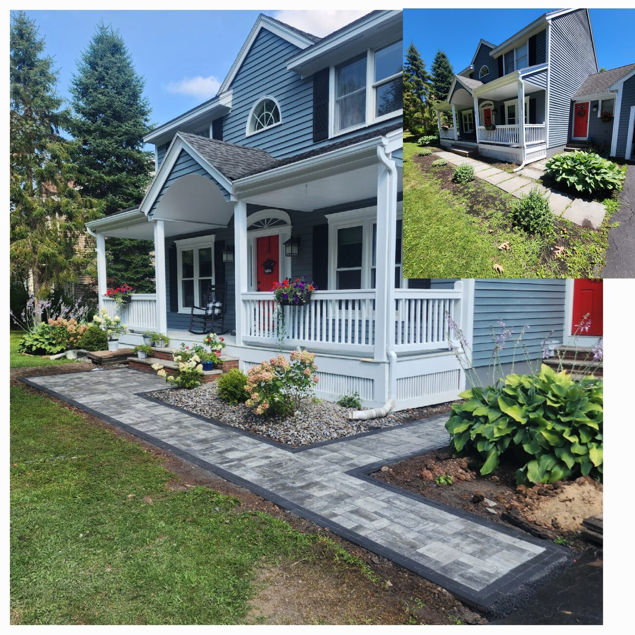 Front walkway, steps and landscaping completed at a blue home