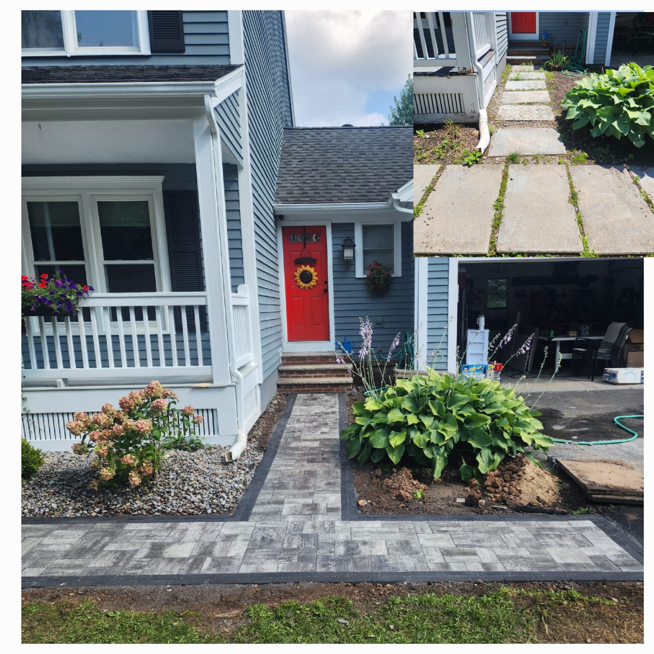 Paver front walkway and planting beds leading to a home with a red door