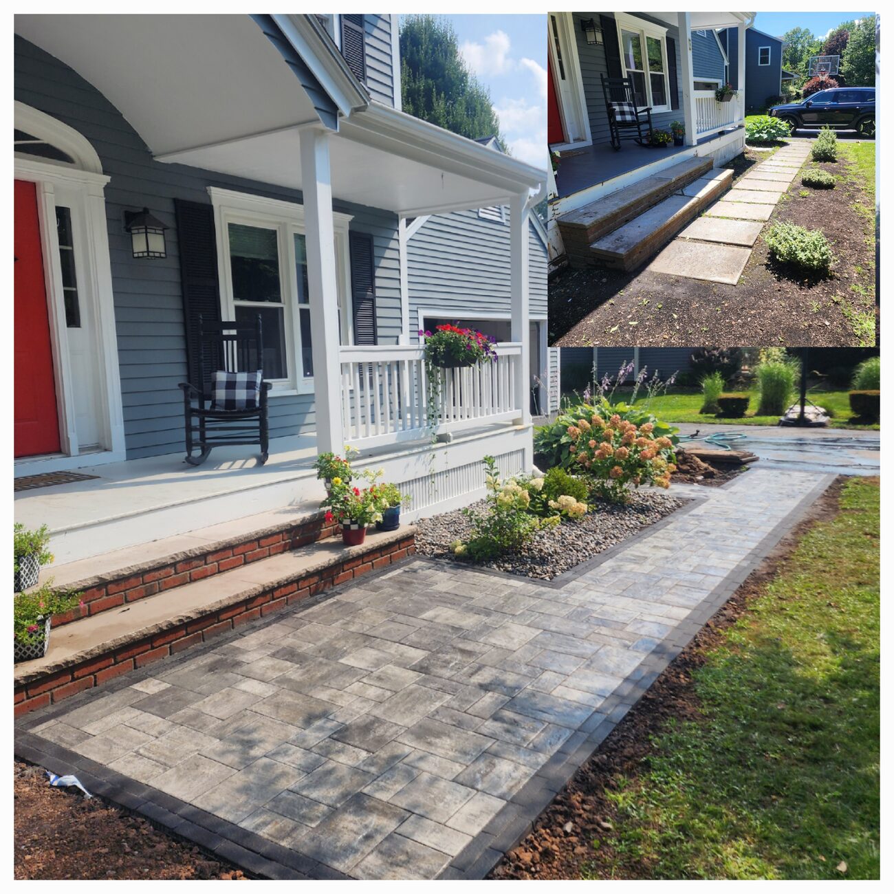 Paver walkway and garden beds framing a home entrance